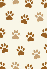 Fototapeta premium Achieve a clean, minimalist look with this seamless paw print pattern, featuring brown animal tracks on an off-white background, perfect for modern pet-themed decor. 