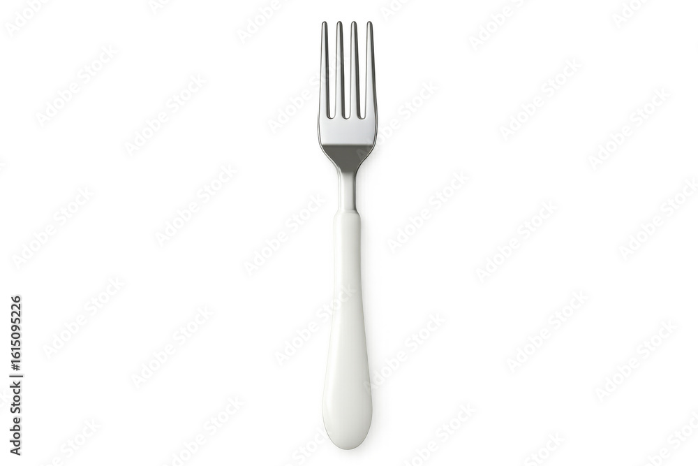 Poster silver fork with polished white handle gleaming against transparent backdrop, embodying minimalist c