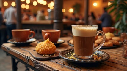Cozy cafe vibes with coffee and pastries on rustic wooden table