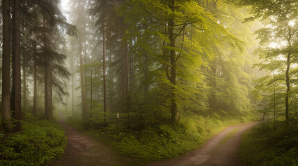 Obraz premium A misty forest with diverging paths, bathed in golden light filtering through trees.