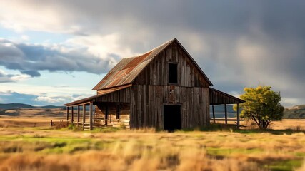 Cinematic Time-Lapse of a Rustic Barn with Dramatic Clouds Rolling Over a Golden Countryside - Powered by Adobe
