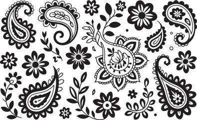 Black floral paisley and botanical elements leaves swirls