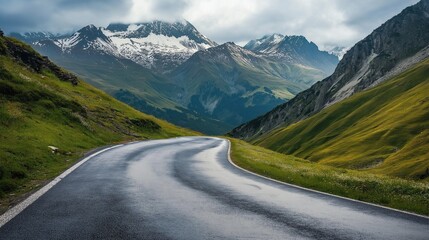 Fototapeta premium Serene alpine road winding through green mountains with snow-capped peaks under cloudy skies, reflecting nature's beauty