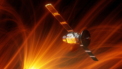 Satellite in Space passing sun beams, 3D animation