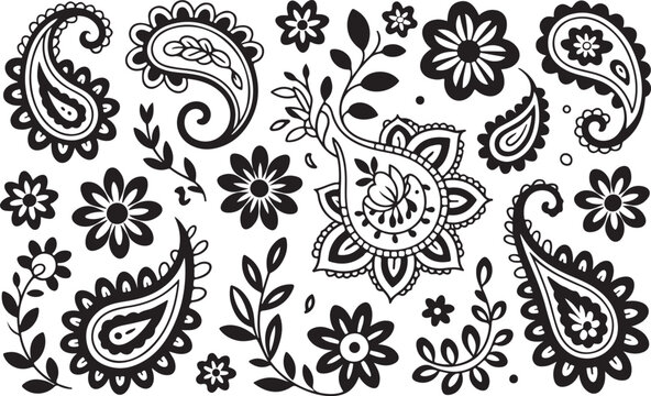 Black floral paisley and botanical elements leaves swirls