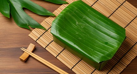 Eco-Friendly Takeout Container Made from Banana Leaf on Bamboo Mat