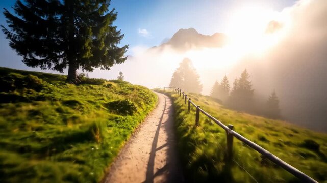 First-person view walking a scenic alpine trail towards a majestic mountain sunrise through morning fog.