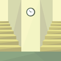 Interior of a corridor with two staircases and a wall clock. Premises for rent. Commercial.