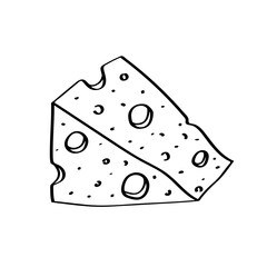 Cheese with holes vector doodle illustration. Piece of maasdam cheese. Isolated on white background.