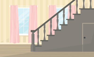 Interior with stairs, door and windows. First floor of the house. Empty interior.