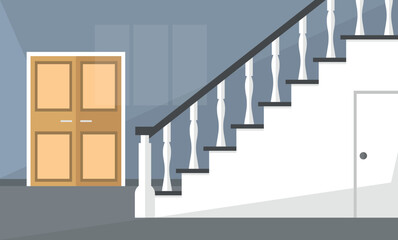 Interior of a corridor in a house with stairs and doors. Empty interior. Real estate for rent.