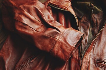 Close-up of a rich brown leather jacket, showing texture and detail