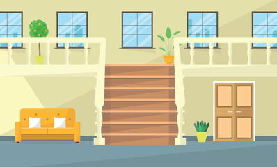 Interior of a two-story building with stairs, windows and furniture. Hallway, corridor. Rent, sale.