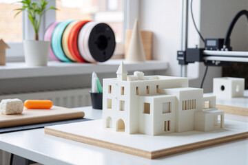 White architectural model buildings on desk with 3D printer and colorful filament spools, modern design studio workspace for prototype development and creation