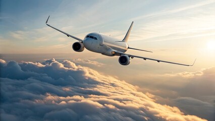 Obraz premium Airplane Flying Above Clouds at Sunrise with Beautiful Sky Colors
