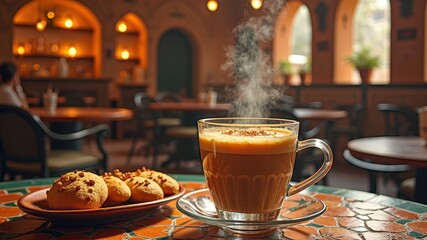 Warm cappuccino and cookies in cozy cafe ambiance