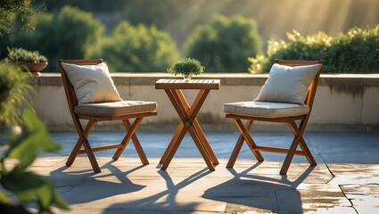 Obraz premium Inviting outdoor patio set with chairs and table in warm golden sunlight for serene relaxation