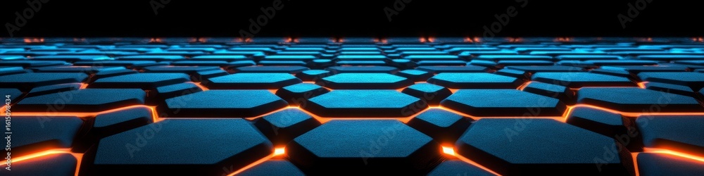 Poster futuristic sci-fi hexagonal grid with neon blue color and glowing orange connectors background