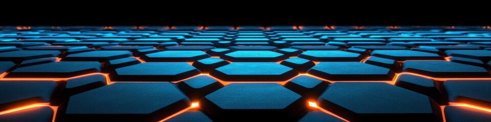 Futuristic Sci-Fi Hexagonal Grid with Neon Blue Color and Glowing Orange Connectors Background