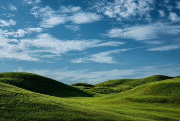Fototapeta premium Rolling green hills under a blue sky with scattered clouds create a tranquil and