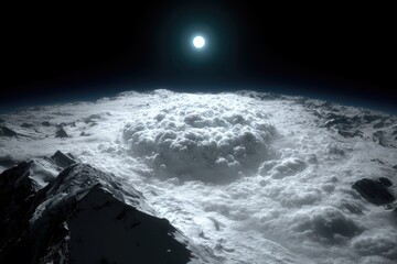 Fototapeta premium Vast, white clouds swirl above snowy peaks, a sun shines bright beyond