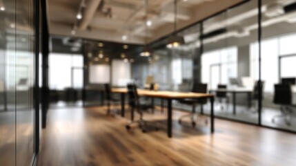 Fototapeta premium Bright modern coworking office with long wooden tables and glass partitions. Soft daylight and shallow focus. A calm productivity mood. Ideal for startup websites and workplace marketing.
