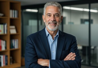 Naklejka premium Confident senior executive with gray hair and beard wearing a suit jacket and blue shirt standing with arms crossed