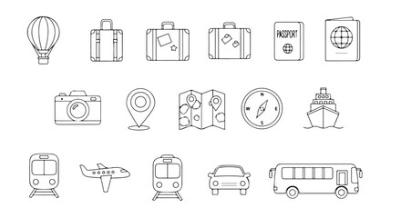 Vector silhouette illustration a collection of travelrelated icons including suitcases, a map, a compass, and transportation