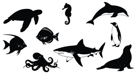Obraz premium Vector silhouette illustration a collection of marine animal silhouettes including a shark, seahorse, octopus, and dolphin