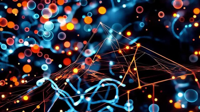 Abstract data visualization with bright lights and network. Useful for presentations about technology, innovation and digital world.
