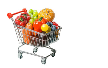 Shopping cart with food products on white background,png