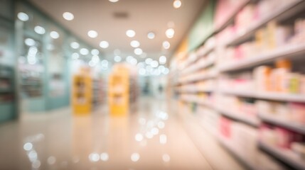 Obraz premium Blurred supermarket aisle with colorful shelves and bokeh lights. Wide perspective down a retail corridor. Uncertainty and consumer choice. Ideal for marketing, grocery branding