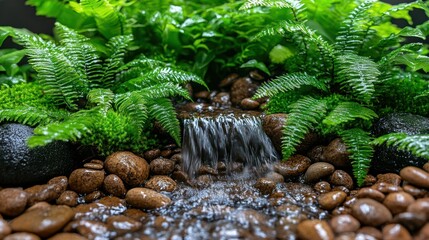 Tranquil Miniature Waterfall: A close-up showcases a meticulously crafted miniature waterfall cascading over smooth, rounded stones, enveloped by lush green ferns, embodying nature's serene beauty.