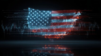Digital American flag map with financial data and market trends