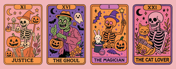 Dancing skeleton Halloween Tarot Card Set Vector illustration