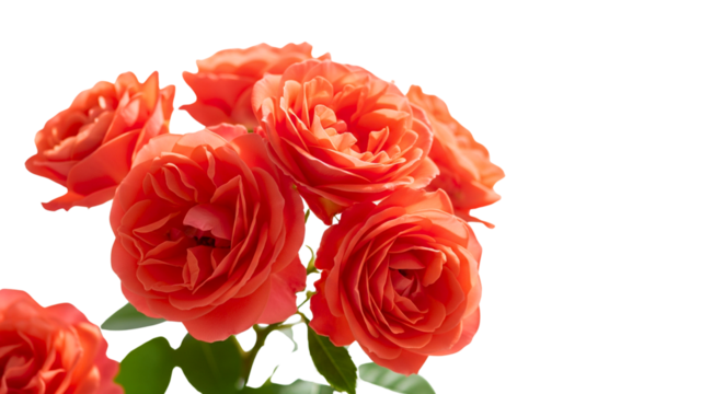 Attitude is Everything: A vibrant cluster of coral roses blossoms, showcasing their delicate petals and rich color against a clean backdrop.


