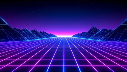 Retro-futuristic synthwave landscape featuring neon gridlines on the ground