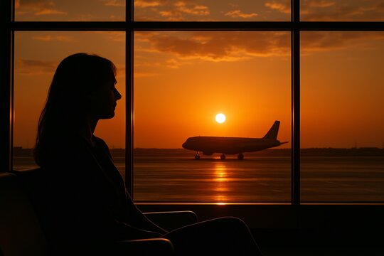 A contemplative woman sits near a large terminal window during sunset, watching a distant airplane taxiing on the runway under a vivid orange sky.
- Powered by Adobe
