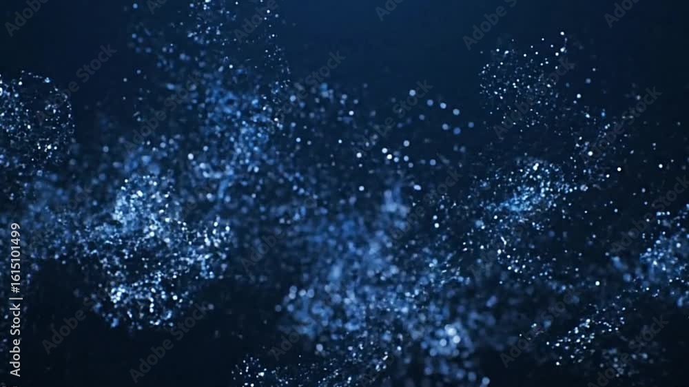 Poster a dark blue background filled with clusters of shimmering blue and white particles creating a swirli