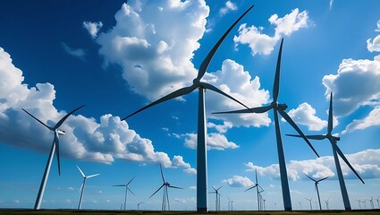 Wind turbines under a bright blue sky with fluffy clouds, wide-angle landscape shot symbolizing clean energy and sustainable power  
