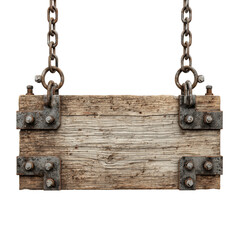 Rustic wooden sign hanging from heavy chains isolated on transparent background