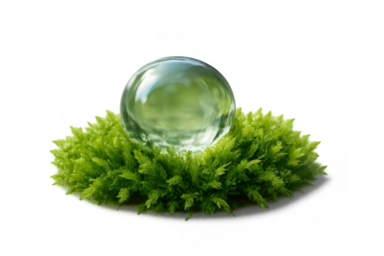 Transparent glass sphere nestled on verdant moss, symbolizing ecological harmony and environmental preservation's fragile essence