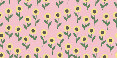 Seamless pattern with cute sunflowers on pink background in flat style
