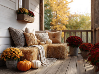 Rustic autumn background with pumpkins and straw for thanksgiving. Harvest festival. Steel fall farmhouse porch decoration. Orange pumpkins, haystacks or straw and flowers in buckets.