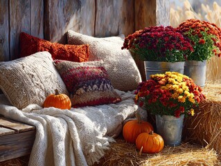 Colorful pumpkins, soft pillows, hay bales and bright flowers create a cozy autumn rustic composition. Warm sunlight. Fall, harvest background