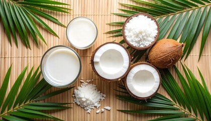 Flat lay of halved coconuts, a glass of coconut milk, and coconut flakes on bamboo mat with green leaves. Natural, tropical, and healthy food concept.
