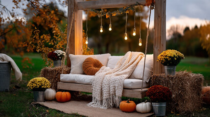 Wooden bench in the yard with white pillows, cozy blanket, pumpkins and flowers on bales of hay. Warm light from bulbs, cozy relaxing atmosphere. Autumn street decor