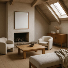 Mockup poster frame in minimalist Scandinavian living room with beige armchairs, wooden coffee table, and sloped ceiling with skylight