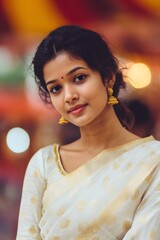A young Indian woman with black hair and traditional earrings smiles warmly. She wears a cream-colored saree, celebrating Onam and Indian independence.