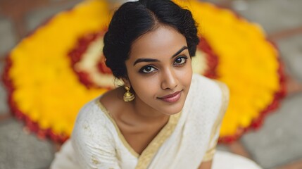 A young Indian woman with dark hair and earrings sits beside a colorful pookalam made of flowers. The scene celebrates Onam and Indian independence.